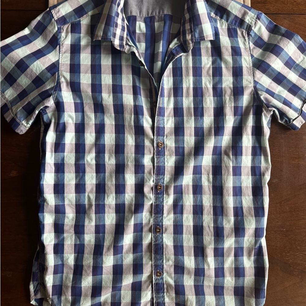 Ted Baker Blue and White Checkered Men's Shirt size small/medium (Baker size 3)